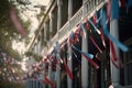 Red, white and blue banners hang from porches, waving in the breeze like colorful flags. Star shaped confetti and streamers line Royalty Free Stock Photo