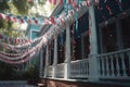 Red, white and blue banners hang from porches, waving in the breeze like colorful flags. Star shaped confetti and streamers line Royalty Free Stock Photo