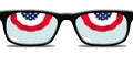 Red, white and blue bunting is seen in eyeglass frames and look like eyes in a 3-d illustration about keeping eyes on the 2024 el