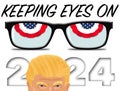 Red, white and blue bunting is seen in eyeglass frames and look like eyes in a 3-d illustration about keeping eyes on the 2024 el