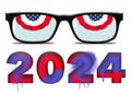 Red, white and blue bunting is seen in eyeglass frames and look like eyes in a 3-d illustration about keeping eyes on the 2024 el