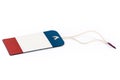 Red white blue carton clothing swing tag on a white rope Royalty Free Stock Photo