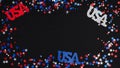 Red white blue confetti and USA signs on dark background. 4th of July patriotic banner mockup, Happy Independence day concept. US Royalty Free Stock Photo