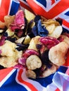 Red, white and blue crisps in