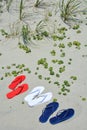 Red white and blue flip flops on the beach.