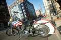 A red white and blue Harley Davidson motorcycle in Chicago, Illinois