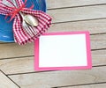 Red White and Blue Picnic Table Place Setting with Blank Card on Rustic Wood Background with room or space for copy, text or your