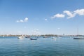 Red White and Blue Sailboats in Boston Harbor