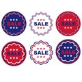 Red white blue sale circle signs with border patterns and stars