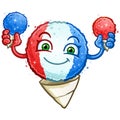 Red white and blue snow cone cartoon character holding two shaved ice treats