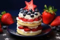 Red white and blue strawberry shortcake in color USA flag. Close up. Generative AI. Royalty Free Stock Photo