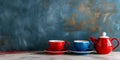 Red, white, and blue tea set on a blue textured background. Generative AI Royalty Free Stock Photo