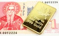 A red and white Bulgarian one lev note with a gold bar in macro