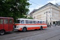 Red white bus near the National Theatre in Hviezdoslav Square in Bratislava, Slovakia Royalty Free Stock Photo