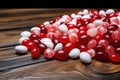 red and white candies on a wooden table