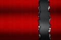 Red and white carbon fiber tear on the black metallic mesh. Royalty Free Stock Photo
