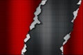 Red and white carbon fiber tear on the black metallic mesh. Royalty Free Stock Photo