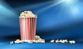 red and white cardboard bucket with popcorn in realistic style