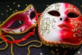 Red And White Carnival Masks With Gold Confetti And Beads