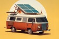Red white cartoon style retro car camper van with solar panels