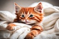 Red cat is adorable as it snuggles on a white blanket Generated Ai