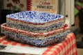 Pretty set of baking pans in the colors of red, white and blue, with cookbook, Zeb`s General Store, North Conway, NH, 2016