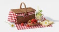 Red and white checkered picnic basket with fresh strawberries and daisies on white background Royalty Free Stock Photo