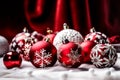 Red and white Christmas bows with ornaments and snowflakes on a snowy background. AI generated. Royalty Free Stock Photo
