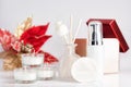 Red and white christmas spa cosmetics background