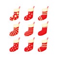 Red and white Christmas stocking set vector illustration in a cartoon flat style Royalty Free Stock Photo