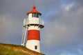 Red and white classic lighthouse. Faroe islands, Torshavn harbor