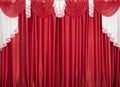 Red and white color lambrequin and curtains, silk texture with folds, fabric background Royalty Free Stock Photo