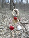 Red and white crocheted flowers martisor with ladybug Royalty Free Stock Photo