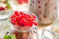 Red white currants gooseberries jars preparations Royalty Free Stock Photo