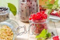 Red white currants gooseberries jars preparations Royalty Free Stock Photo