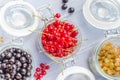 Red white currants gooseberries jars preparations Royalty Free Stock Photo