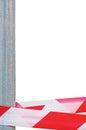 Red White Do Not Cross Ribbon Barrier Tape And Metallic Post, Isolated Grey Construction Site Metallic Pole, Crime Scene Marking V