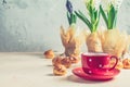 Red in white dotted cup of tea, profiteroles and hyacinths Royalty Free Stock Photo