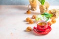 Red in white dotted cup of tea, profiteroles and hyacinths Royalty Free Stock Photo