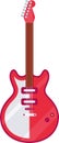 Red and white electric guitar featuring a brown neck and tuning pegs, standing vertically against a plain white