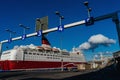 A red-and-white ferry stands at an empty dock. Royalty Free Stock Photo