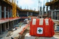 Red and White First Aid Kit in Construction Site Setting Royalty Free Stock Photo