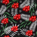 Red white flowers on a black background of white leaves. Seamless vector beach wallpaper pattern Royalty Free Stock Photo