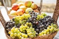 Red and white grapes  basket made from reed in southern Romania. Freshly harvested grapes in autumn sunlight Royalty Free Stock Photo