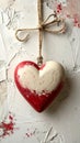 Red And White Heart Hanging From Jute String on Textured White Background Royalty Free Stock Photo