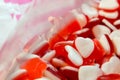 Red white Heart shape Jelly Candy bonbon snack group. sweet for valentines day background.