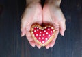 Red and white heart shaped royal icing cookie in hand isolated on dark brown background Royalty Free Stock Photo