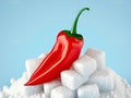 Red and white, hot and sweet contrast concept. Red hot chili pepper the top of on white sugar cubes heap. Blue