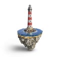 A red and white lighthouse located on cliffs among the sea on a floating island isolated on white background,