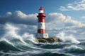 Red and white lighthouse and rough waves at sea,Generative AI Royalty Free Stock Photo